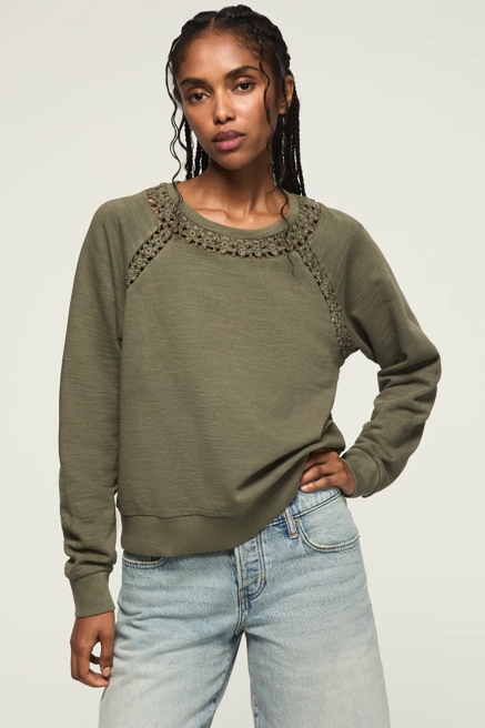 LACE TRIMMED FLEECE CREW, image 1