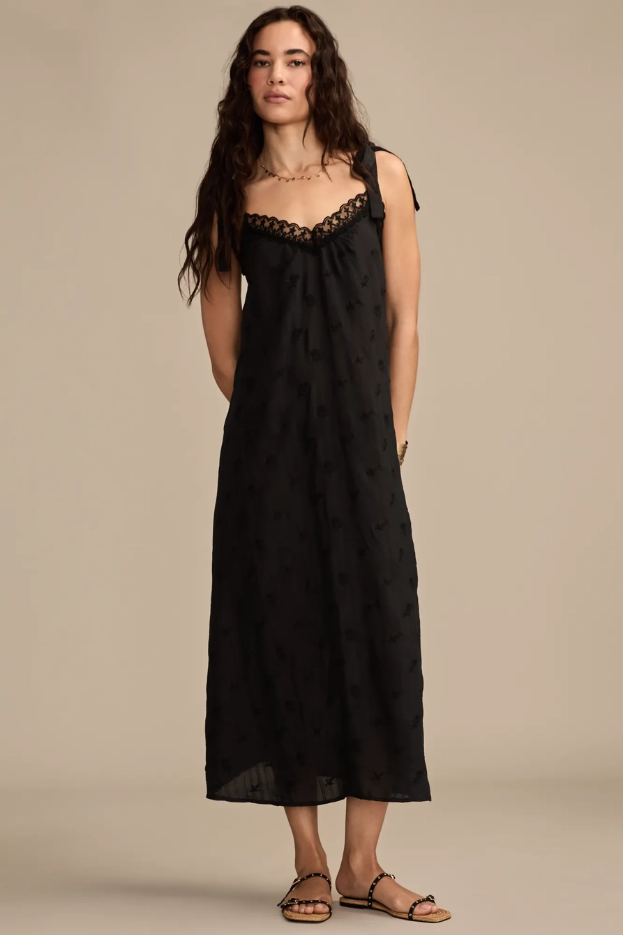 EMBROIDERED TIE STRAP SLIP DRESS