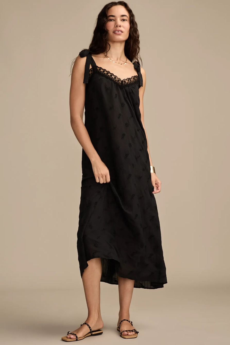 EMBROIDERED TIE STRAP SLIP DRESS