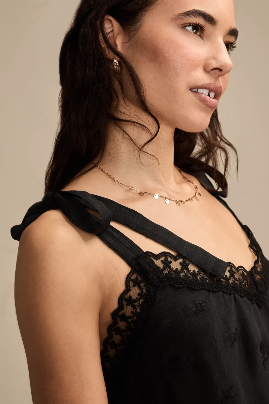 EMBROIDERED TIE STRAP SLIP DRESS