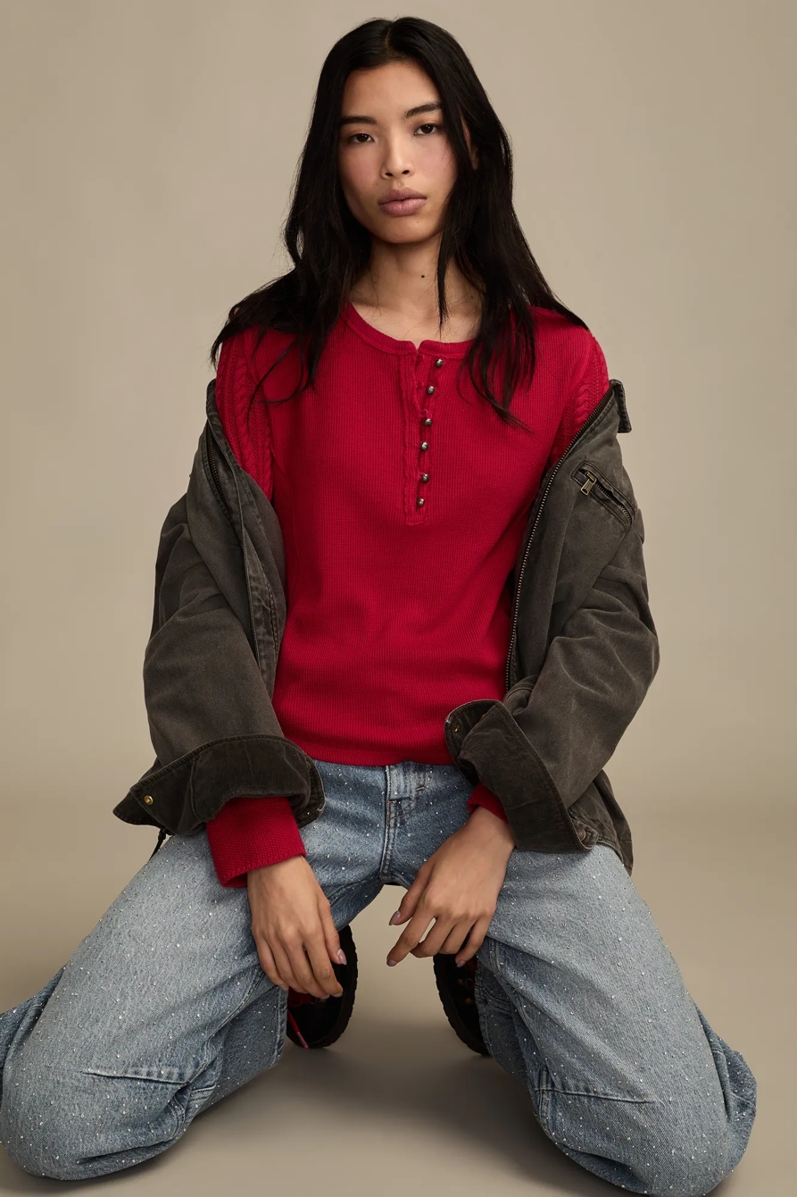 TEXTURED MIXED SLEEVE HENLEY, image 5