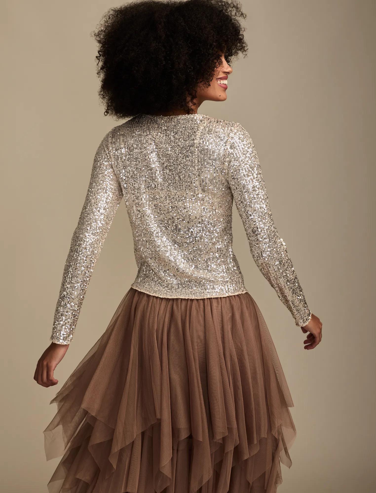 Lucky Brand Haut à Manches Longues à Paillettes pour Femme, Indigo, Taille XS