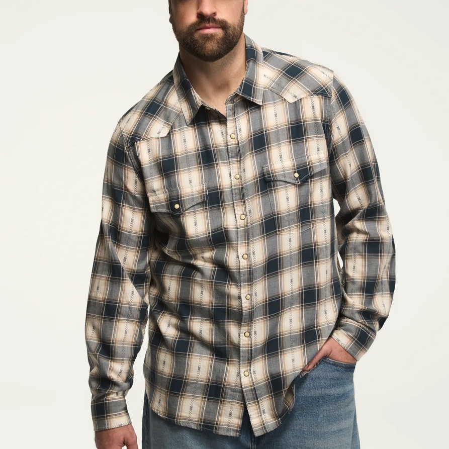 Lucky Brand Big And Tall Long Sleeve Dobby Western - Men's Clothing Tops Tees Shirts in Navy Multi