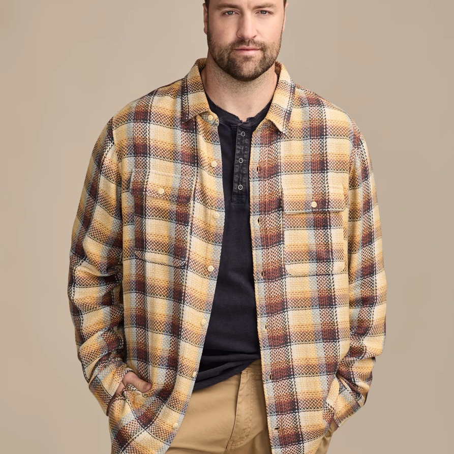 Lucky Brand Long Sleeve Herringbone Humboldt Utility Shirt - Men's Clothing Outerwear Shirt Jackets in Yellow Plaid