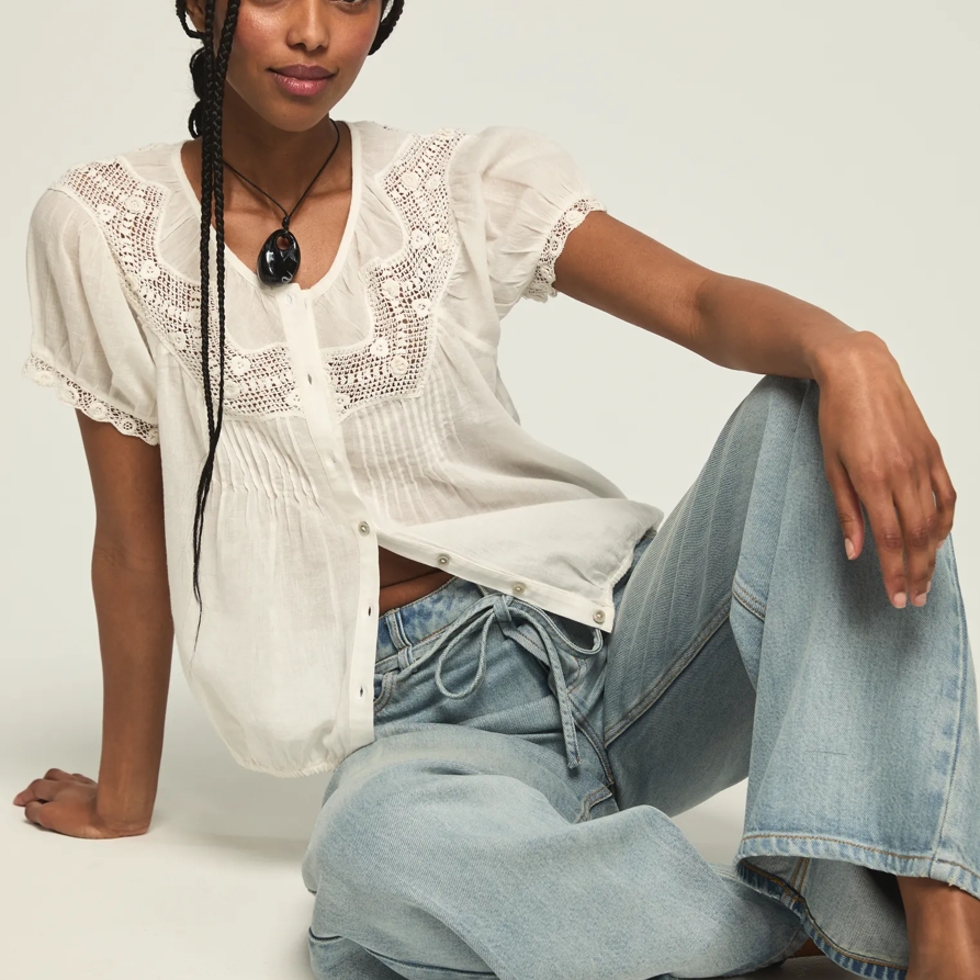 Lucky Brand Crochet Puff Sleeve Button Up Top - Women's Clothing Tops Tees Shirts