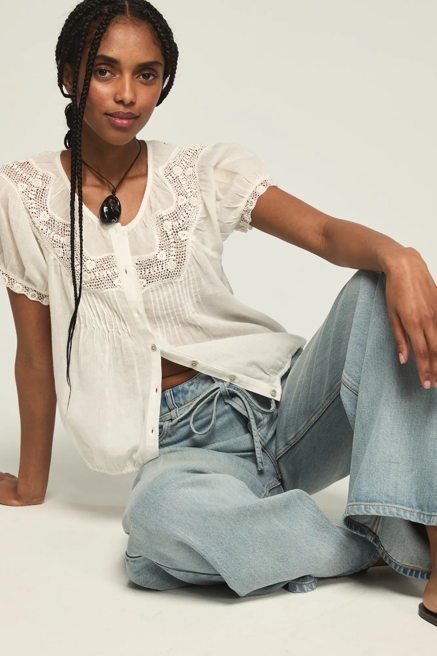 CROCHET PUFF SLEEVE BUTTON UP TOP, image 1