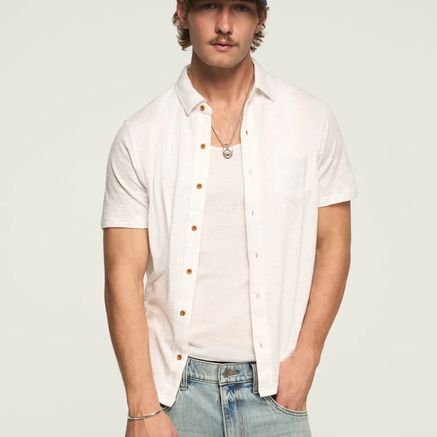 Lucky Brand Linen Knit Button Up Shirt - Men's Clothing Outerwear Shirt Jackets in Bright White