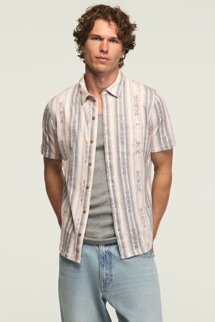 STRIPED LINEN SHORT SLEEVE BUTTON UP SHIRT, image 1