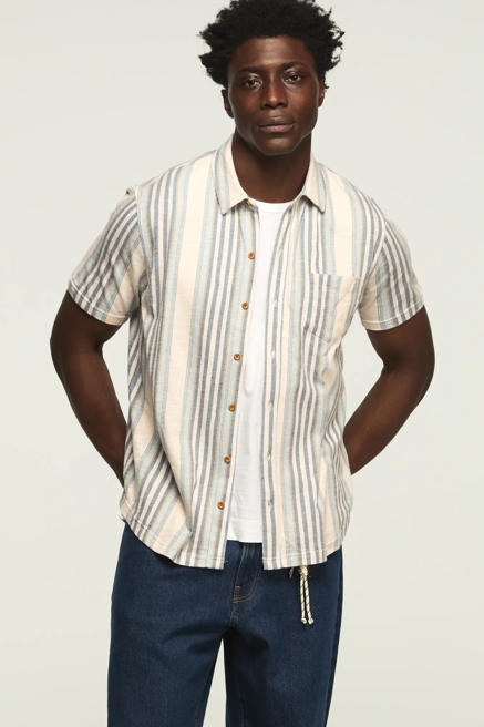 STRIPED LINEN SHORT SLEEVE BUTTON UP SHIRT, image 1