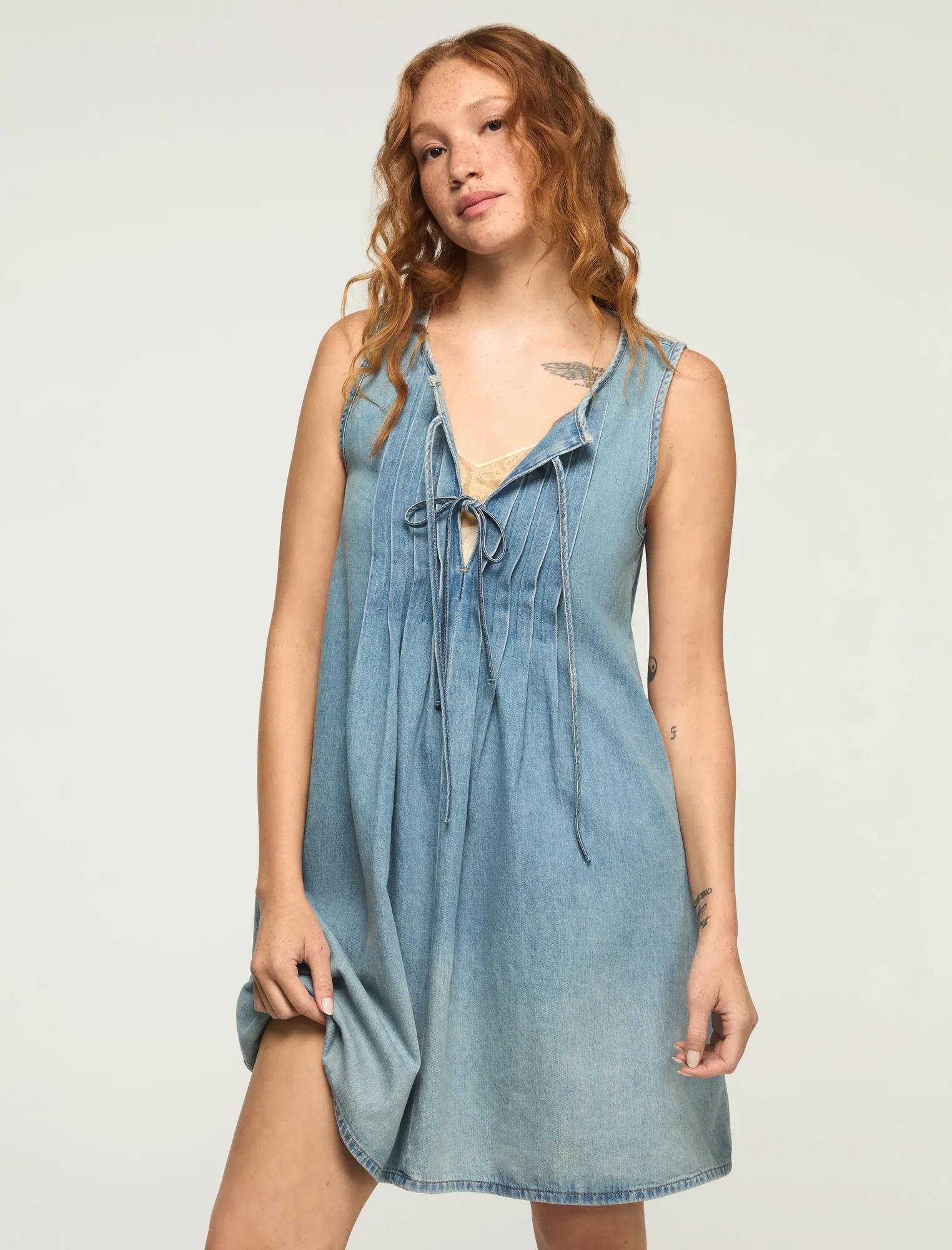 pleated denim dress loveimgs Women's Summer Tie Shoulder Sleeveless Denim Mini Dress Casual  Flowy Swing Pleated Short Denim Dress (X-Small,Dark Blue) at Amazon Women's  Clothing store
