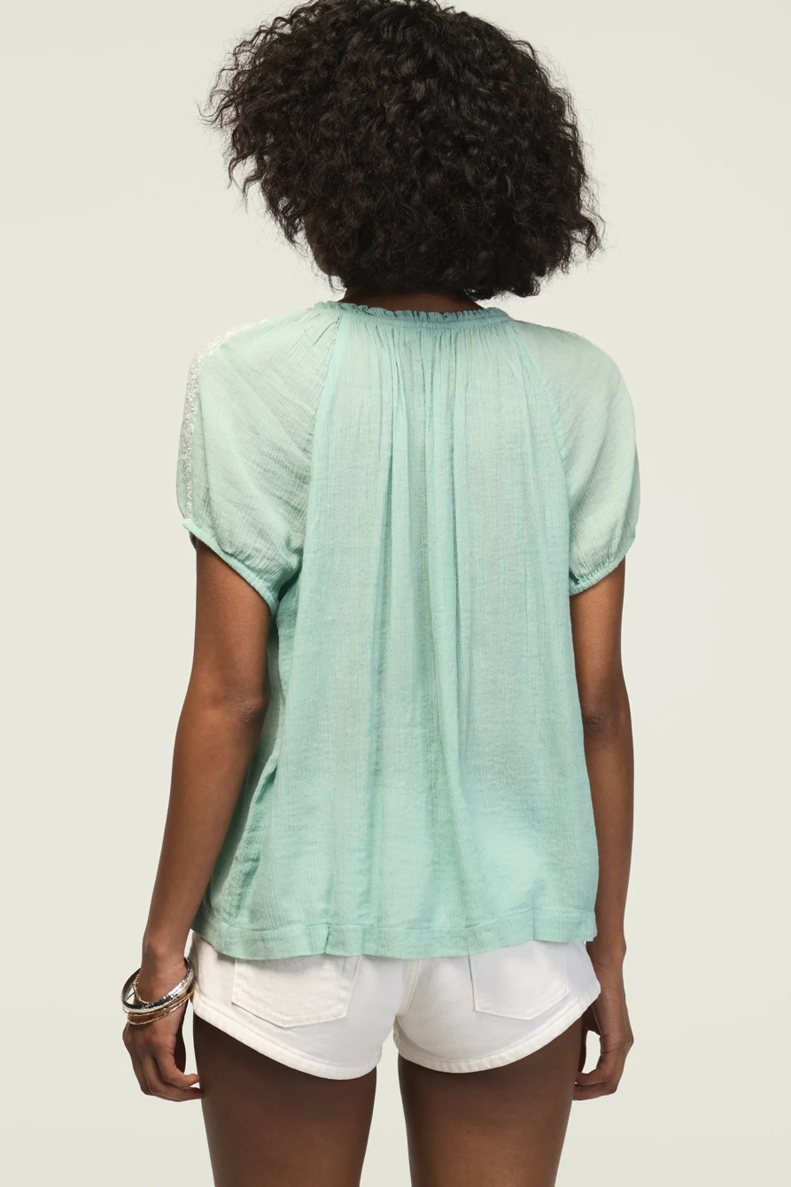 CONTRAST EMBROIDERD SHORT SLEEVE PEASANT TOPSAN, image 3