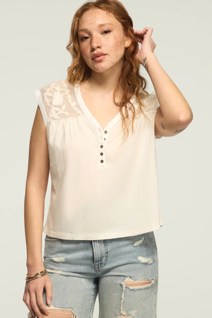 MESH EMBROIDERED YOKE TEE, image 1
