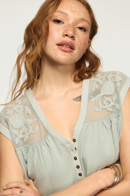 MESH EMBROIDERED YOKE TEE, image 1