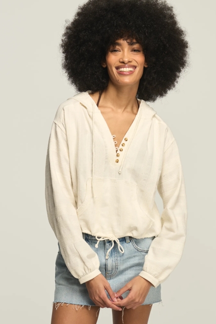 CINCHED WAIST NOVELTY HENLEY HOODIE, image 1