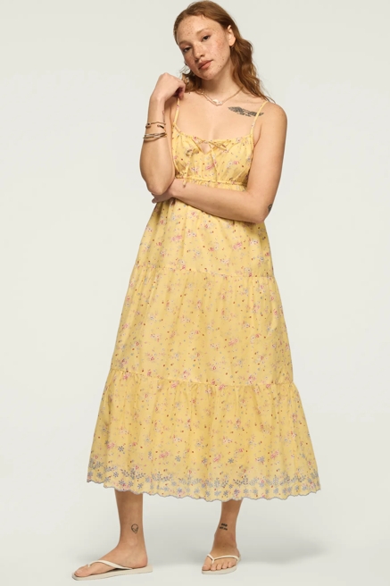 PRINTED EYELET TIERED MIDI DRESS, image 1