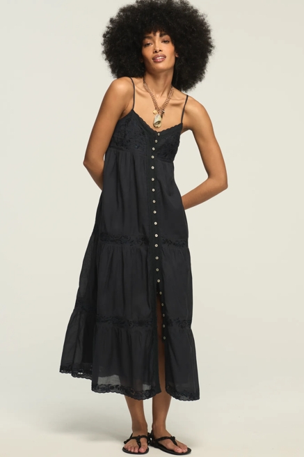 EMBROIDERED TIERED BUTTON THROUGH MIDI DRESS, image 1