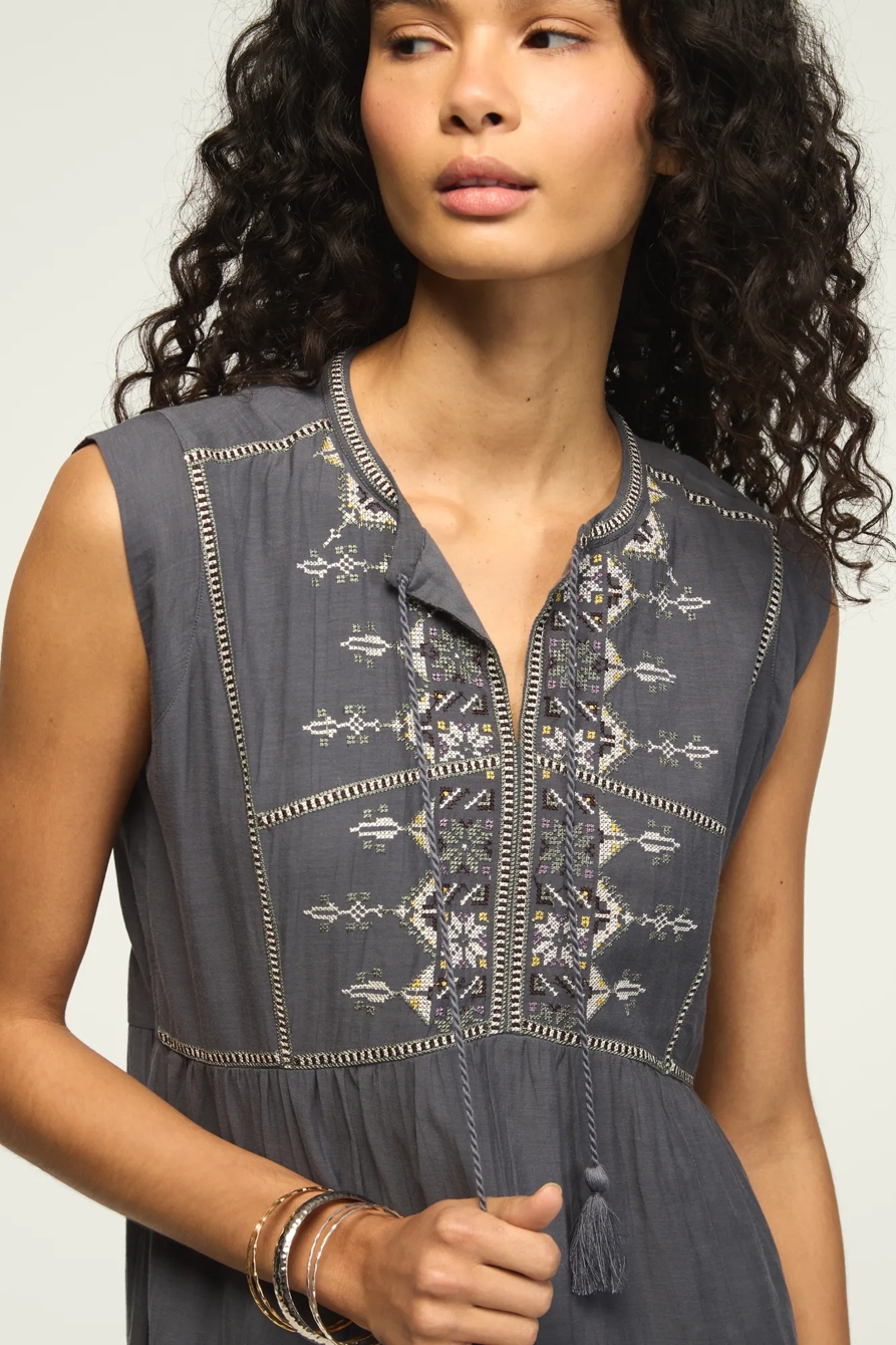 EMBROIDERED YOKE NOTCH NECK MINI DRESS, image 2