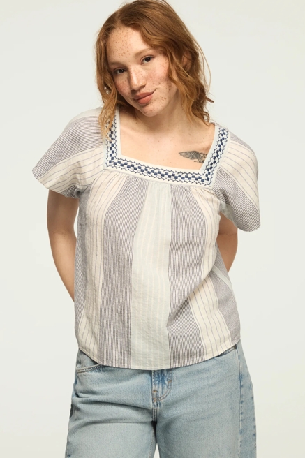 SQUARE NECK STRIPED EMBROIDERED TOP, image 1