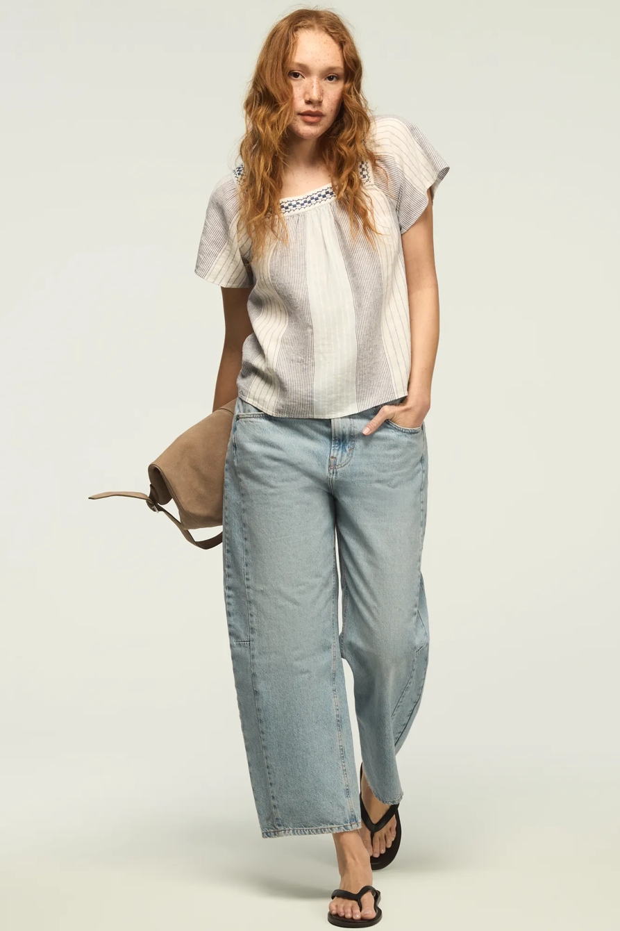 SQUARE NECK STRIPED EMBROIDERED TOP, image 2