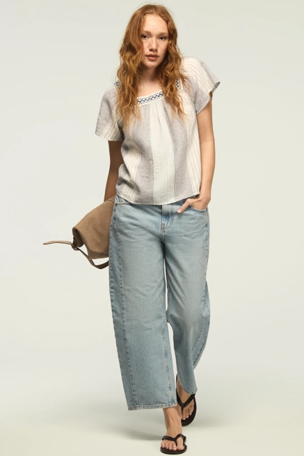 SQUARE NECK STRIPED EMBROIDERED TOP, image 2