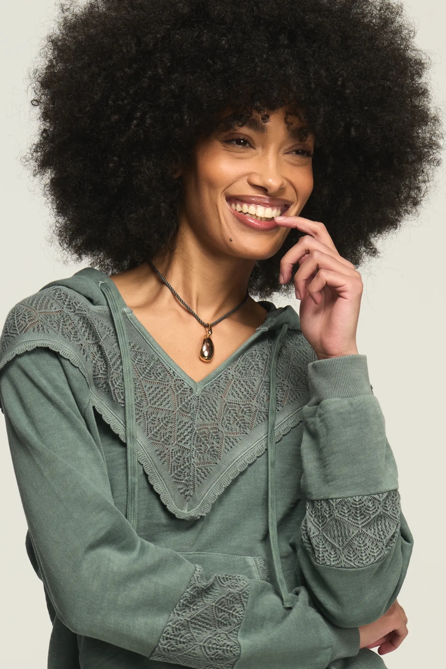 CROCHET YOKE FLEECE HOODIE, image 2