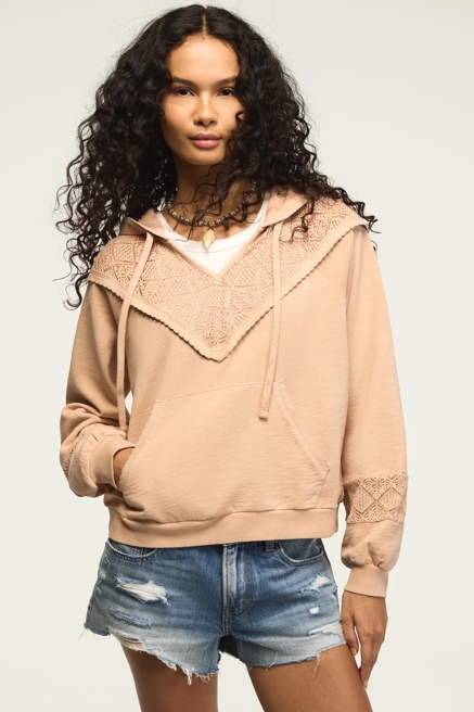 CROCHET YOKE FLEECE HOODIE, image 1