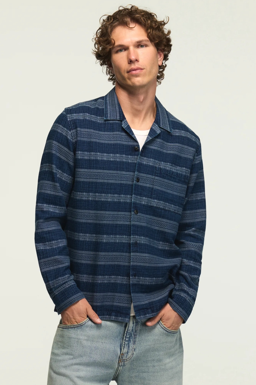 LONG SLEEVE INDIGO JACQUARD CAMP COLLAR SHIRT, image 1