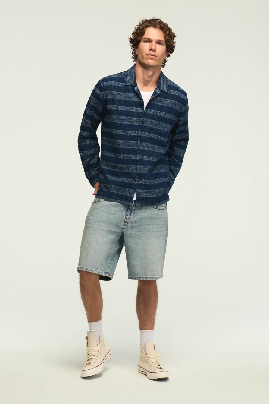 LONG SLEEVE INDIGO JACQUARD CAMP COLLAR SHIRT, image 2