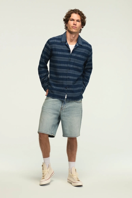 LONG SLEEVE INDIGO JACQUARD CAMP COLLAR SHIRT, image 2