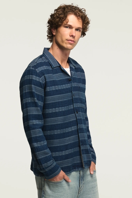 LONG SLEEVE INDIGO JACQUARD CAMP COLLAR SHIRT, image 4