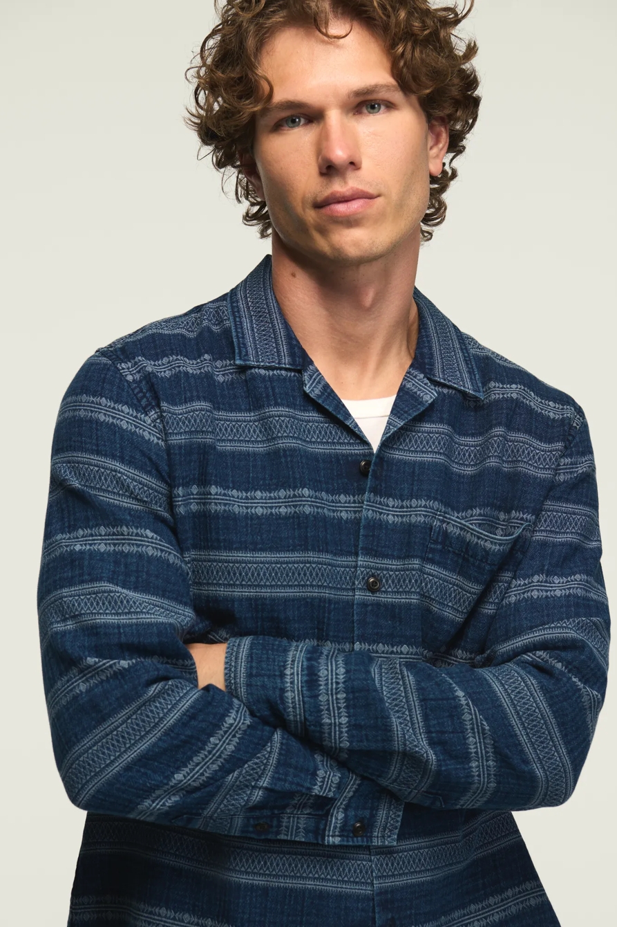 LONG SLEEVE INDIGO JACQUARD CAMP COLLAR SHIRT, image 5