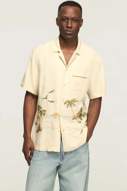SHORT SLEEVE CROSS STITCH CAMP COLLAR SHIRT, image 1