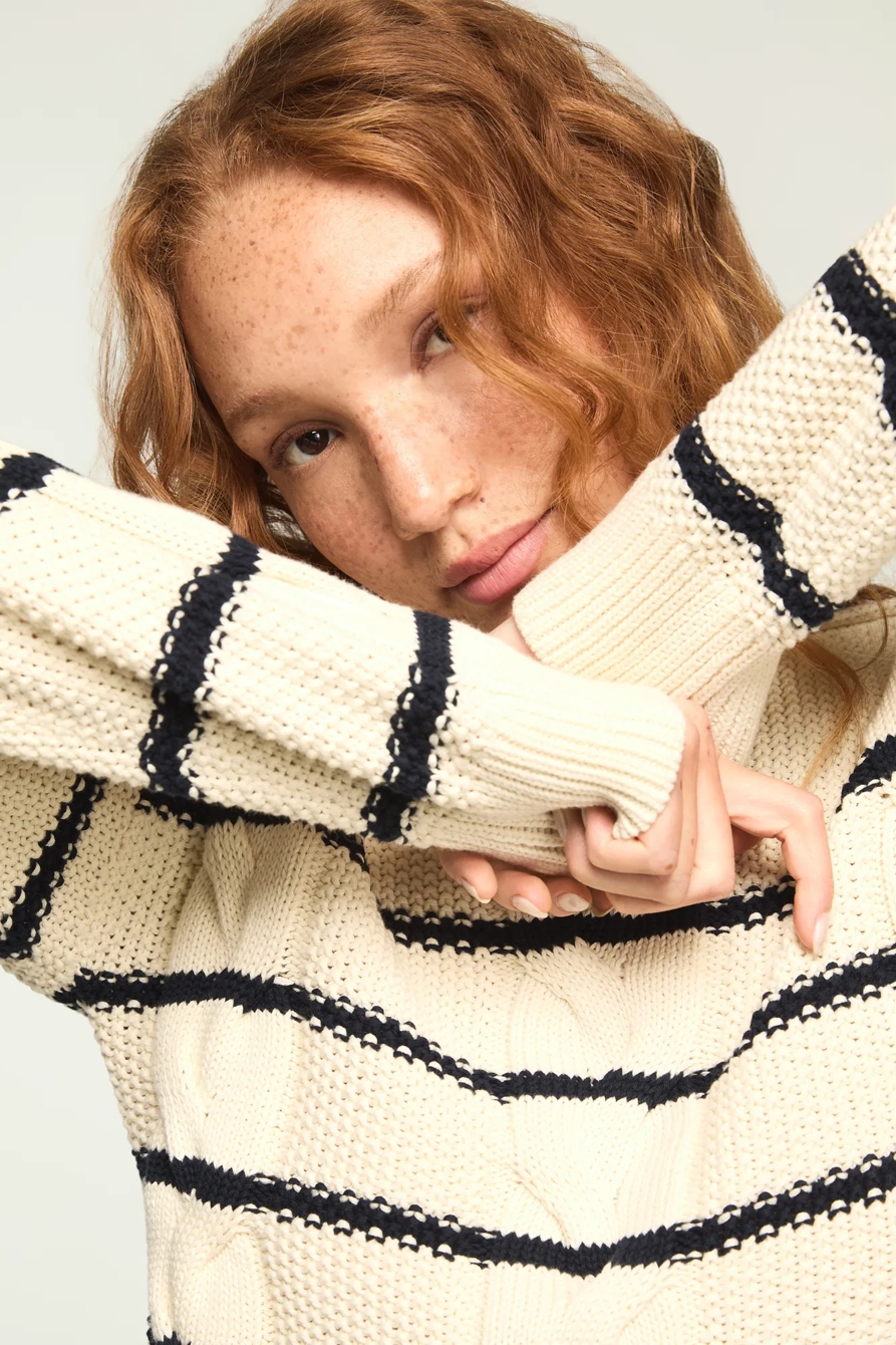 STRIPED CABLE CREW NECK SWEATER, image 2