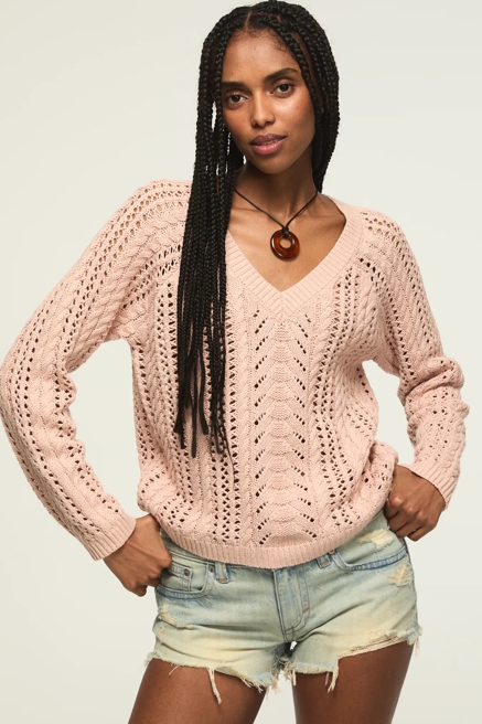 OPEN CABLE V NECK SWEATER, image 1
