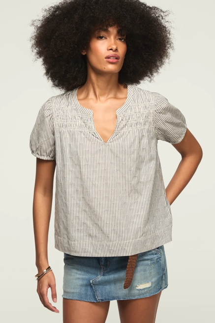 SMOCKED NOTCH NECK PUFF SLEEVE TOP, image 1