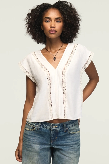 LINEN LACE TRIMMED V NECK TOP, image 1