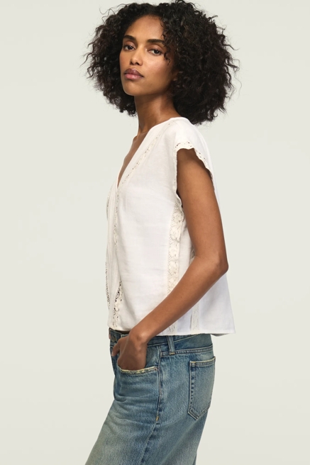 LINEN LACE TRIMMED V NECK TOP, image 4