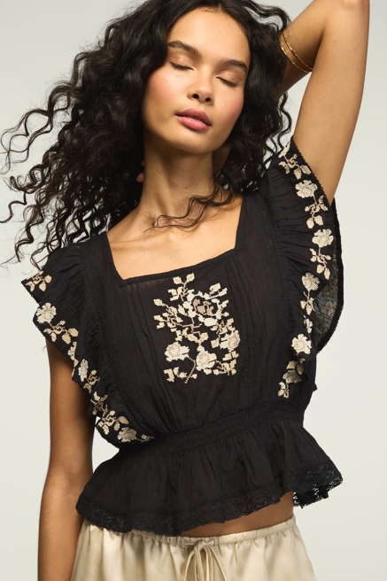 CONTRAST EMBROIDERED RUFFLE TOP, image 1
