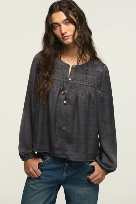 LONG SLEEVE SATIN PINTUCK BLOUSE, image 1