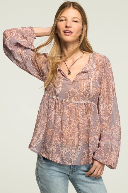 LONG SLEEVE PAISLEY PRINT MIX PEASANT TOP, image 1