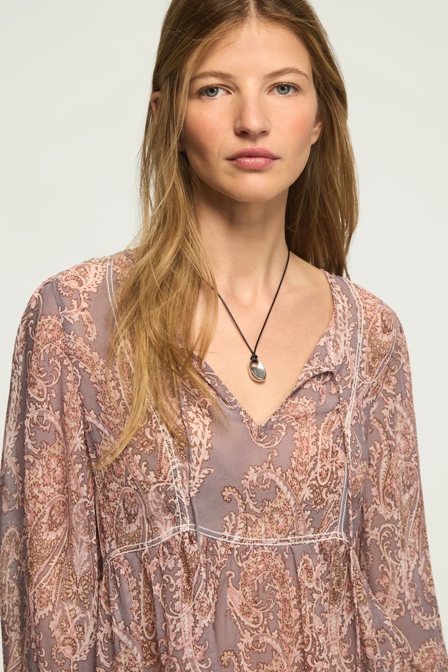 LONG SLEEVE PAISLEY PRINT MIX PEASANT TOP, image 2