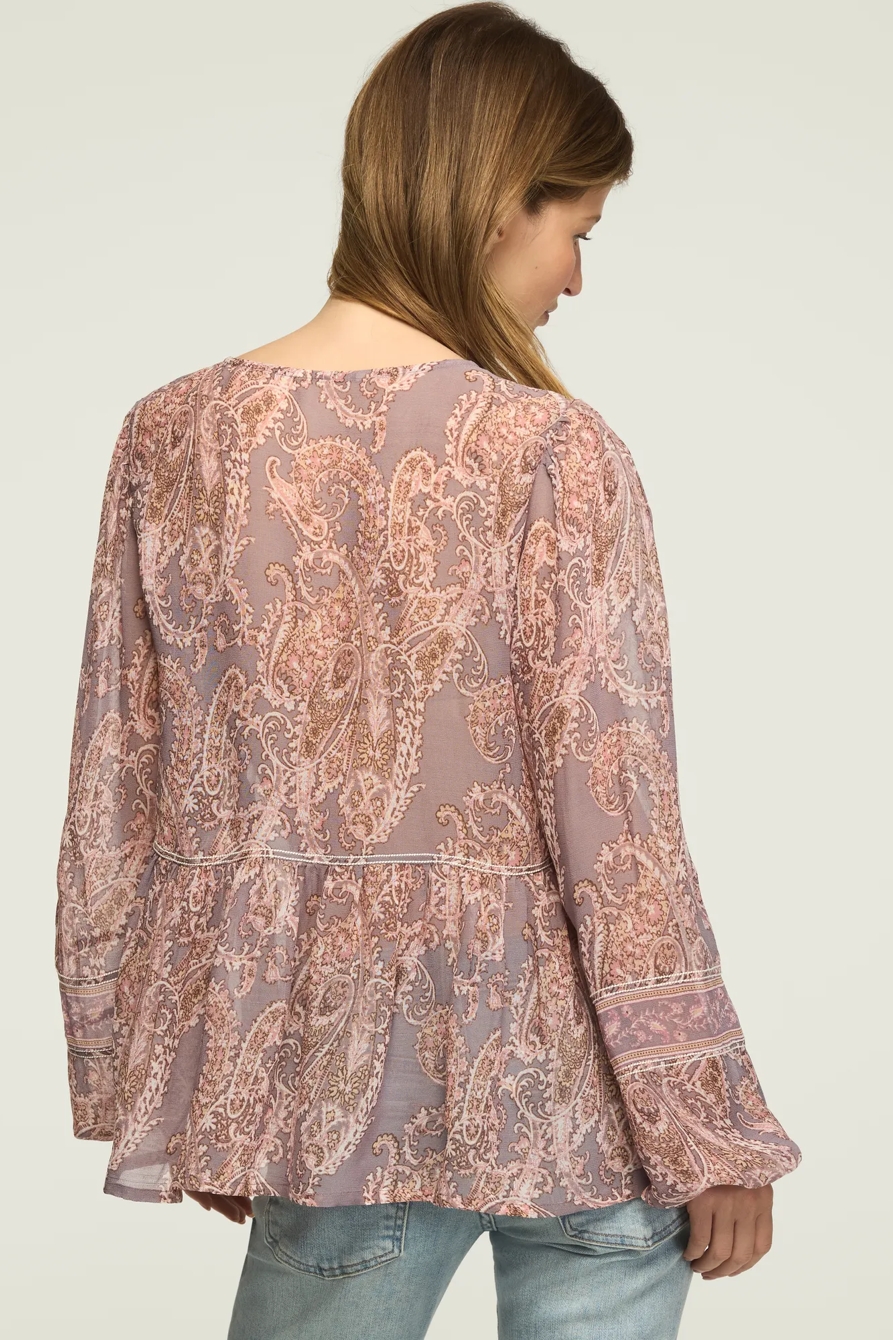LONG SLEEVE PAISLEY PRINT MIX PEASANT TOP, image 3