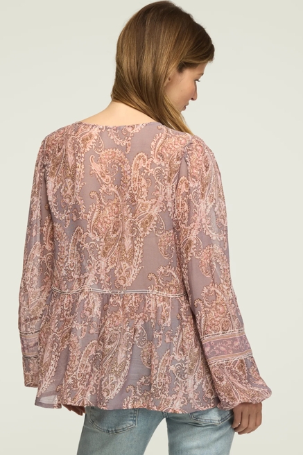 LONG SLEEVE PAISLEY PRINT MIX PEASANT TOP, image 3
