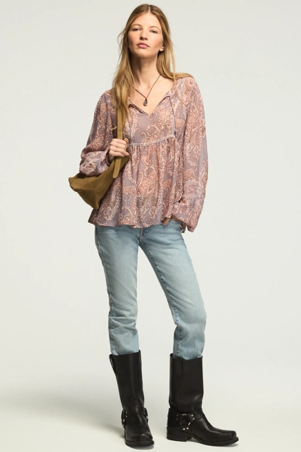LONG SLEEVE PAISLEY PRINT MIX PEASANT TOP, image 4