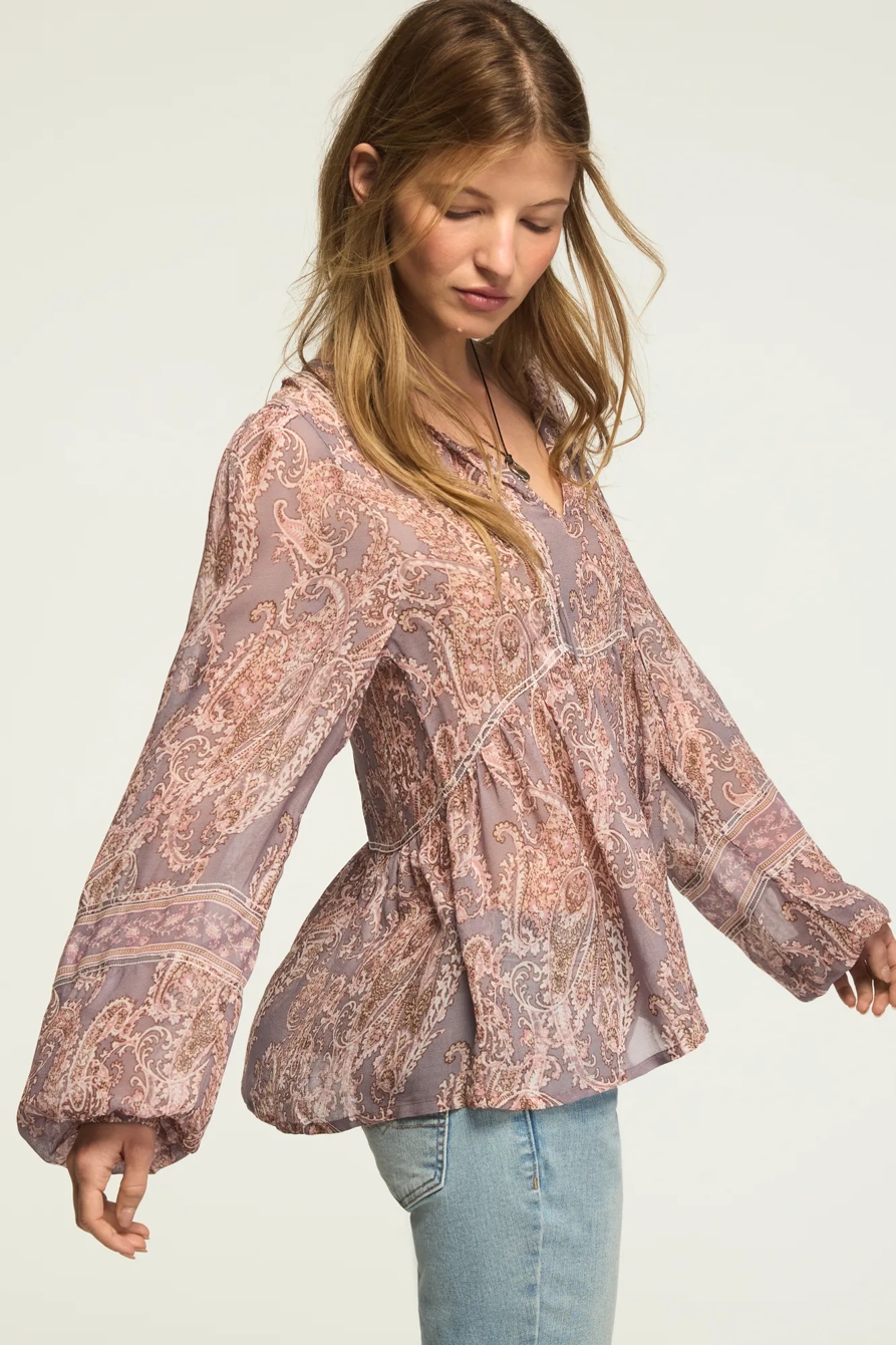 LONG SLEEVE PAISLEY PRINT MIX PEASANT TOP, image 5