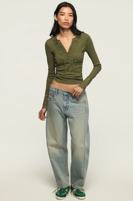 EMBROIDERED V NECK HENLEY, image 1