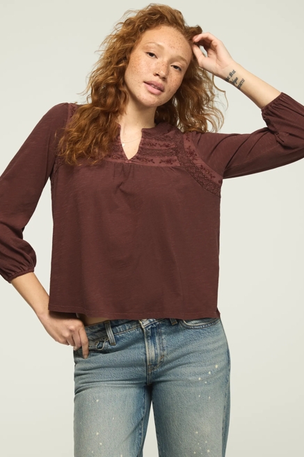 TRIM MIX KNIT PEASANT TOP, image 1