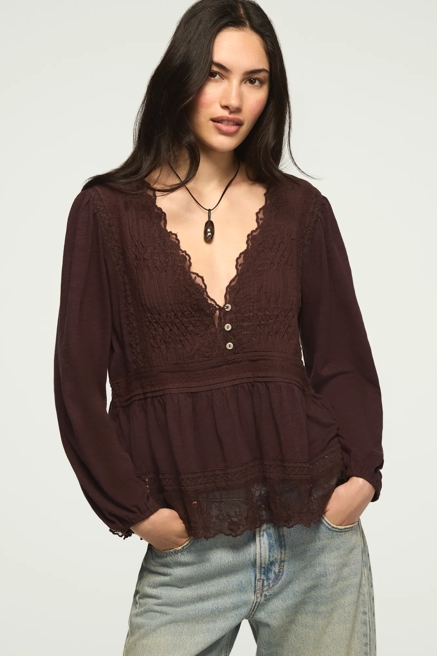 EMBROIDERED YOKE TIERED KNIT TOP, image 1