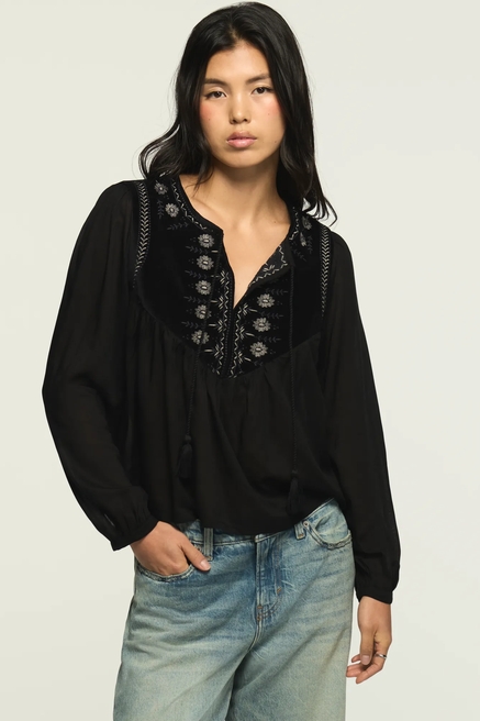 LONG SLEEVE VELVET TRIM BLOUSE, image 1