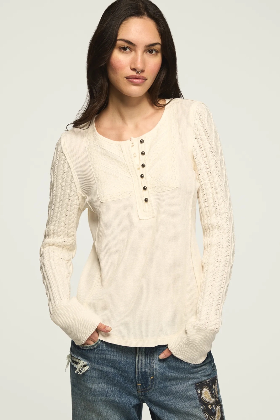 PINTUCK SWEATER MIX HENLEY, image 2